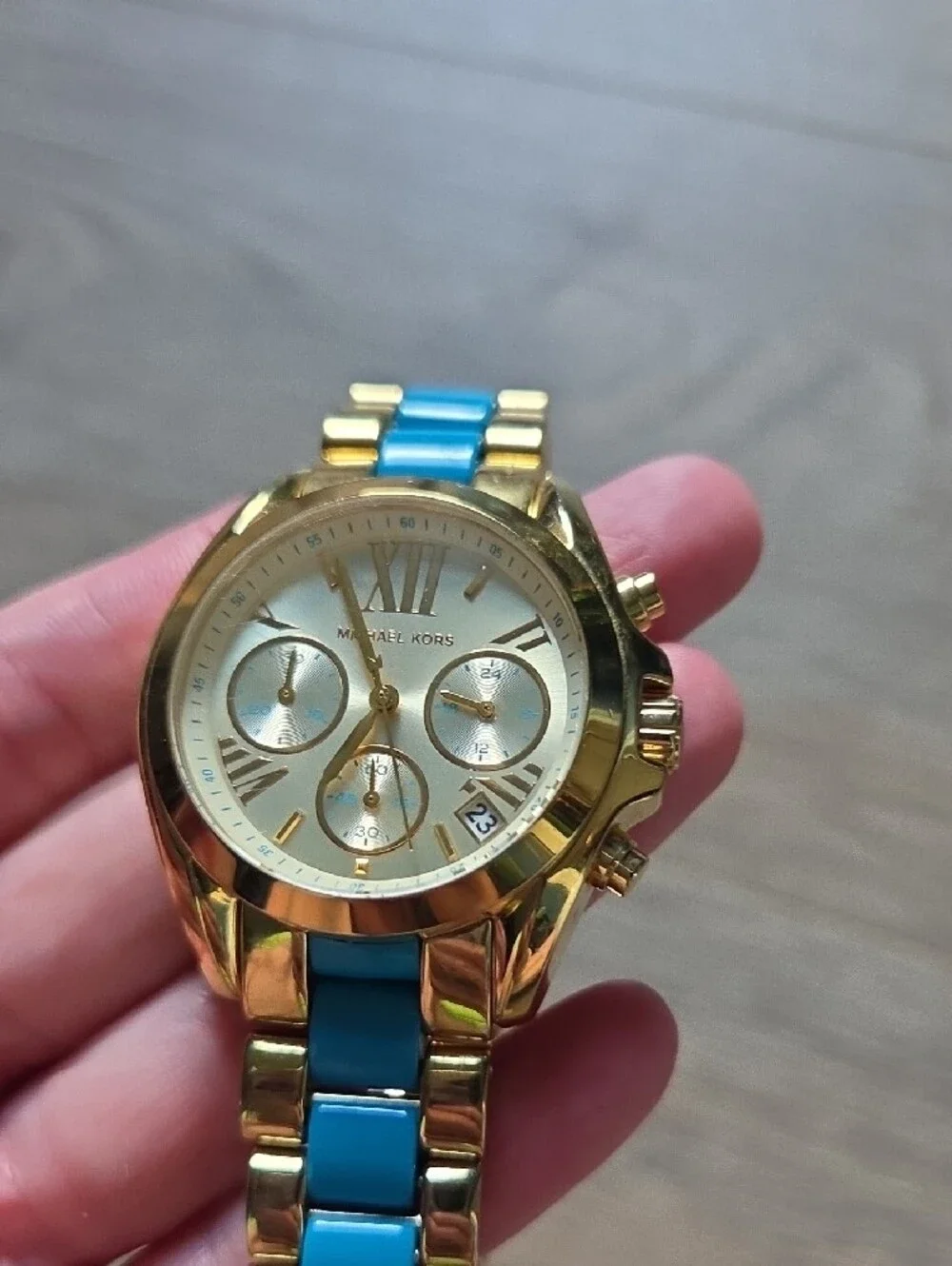 Michael Kors Gold and Turquoise Bracelet Chronograph Watch 